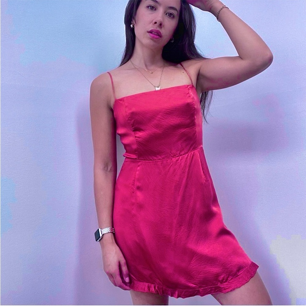 NWT ARITZIA Y2K Fuchsia Satin Smocked Back Square Neck Ruffle Hem Slip Dress 0